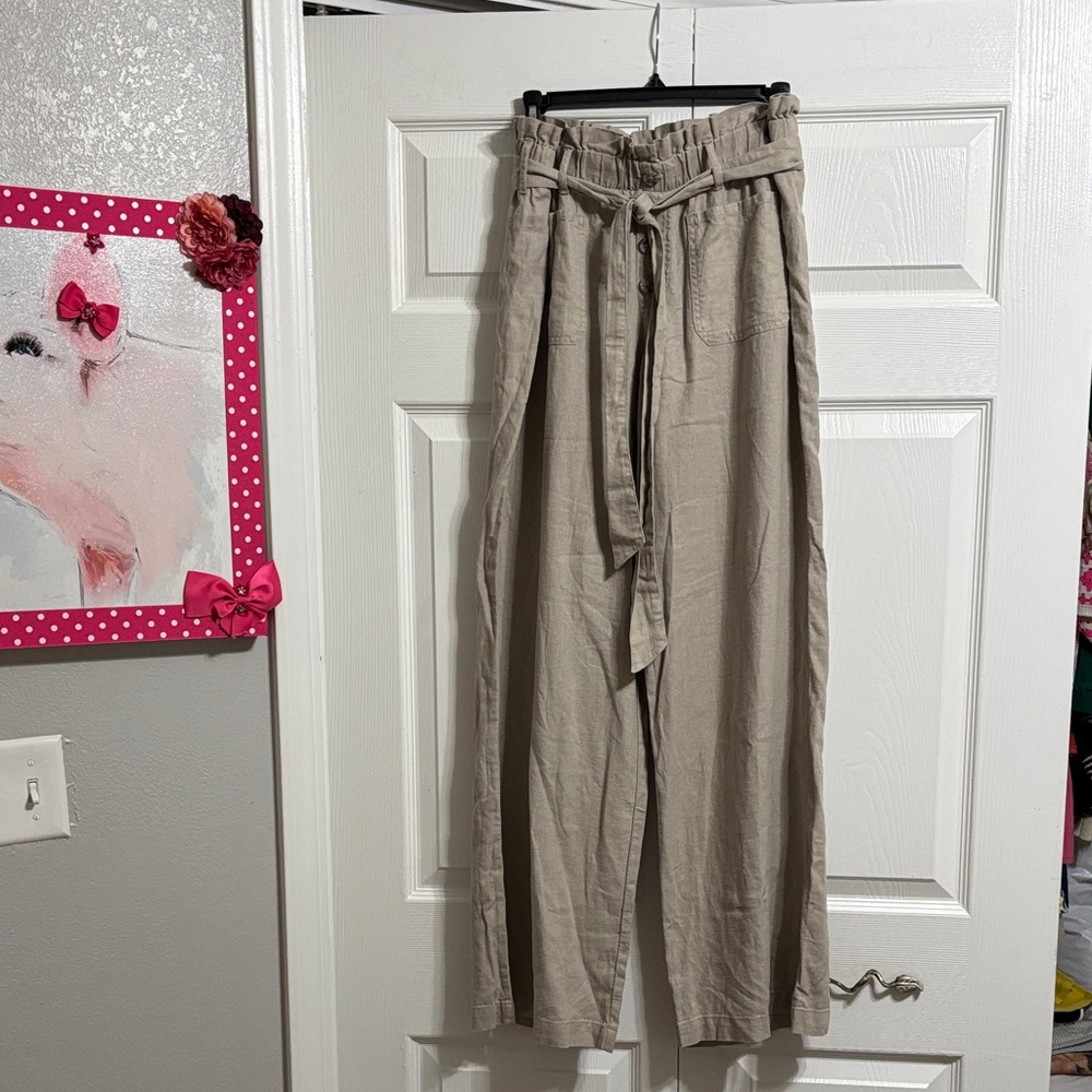 Sincerely Jules Wide-Leg Paperbag Waist Pants in Taupe